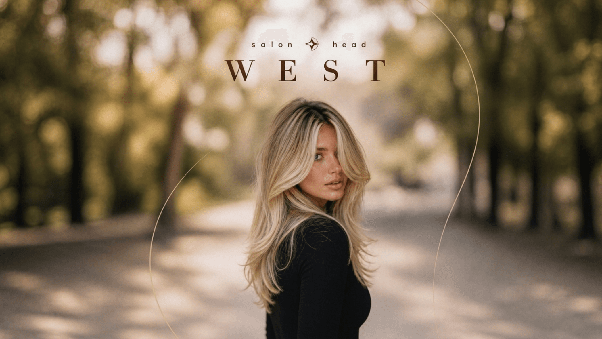 Salon Head West hero with logo and blonde layered hair